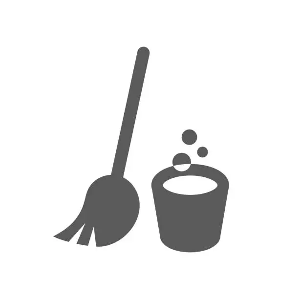 Vector illustration of Mop and bucket black vector icon