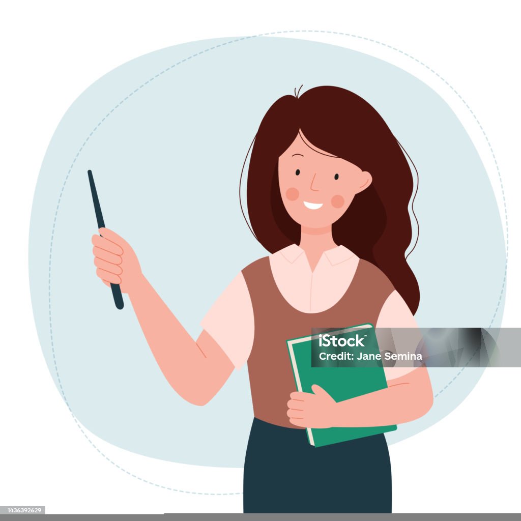 Guru Perempuan Wanita Imut Berdiri Dengan Penunjuk Dan Buku Konsep