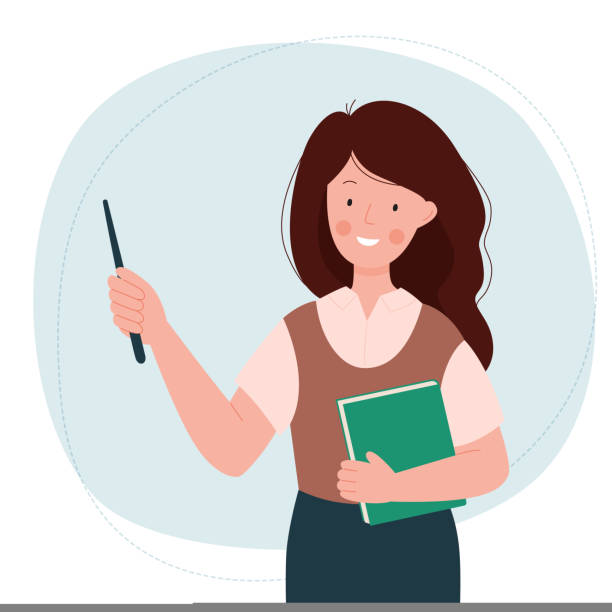 Female teacher. Cute woman stands with pointer and book. School and learning concept. Teachers day. Female teacher. Cute woman stands with pointer and book. School and learning concept. Teachers day. Vector flat illustration. teacher clipart stock illustrations