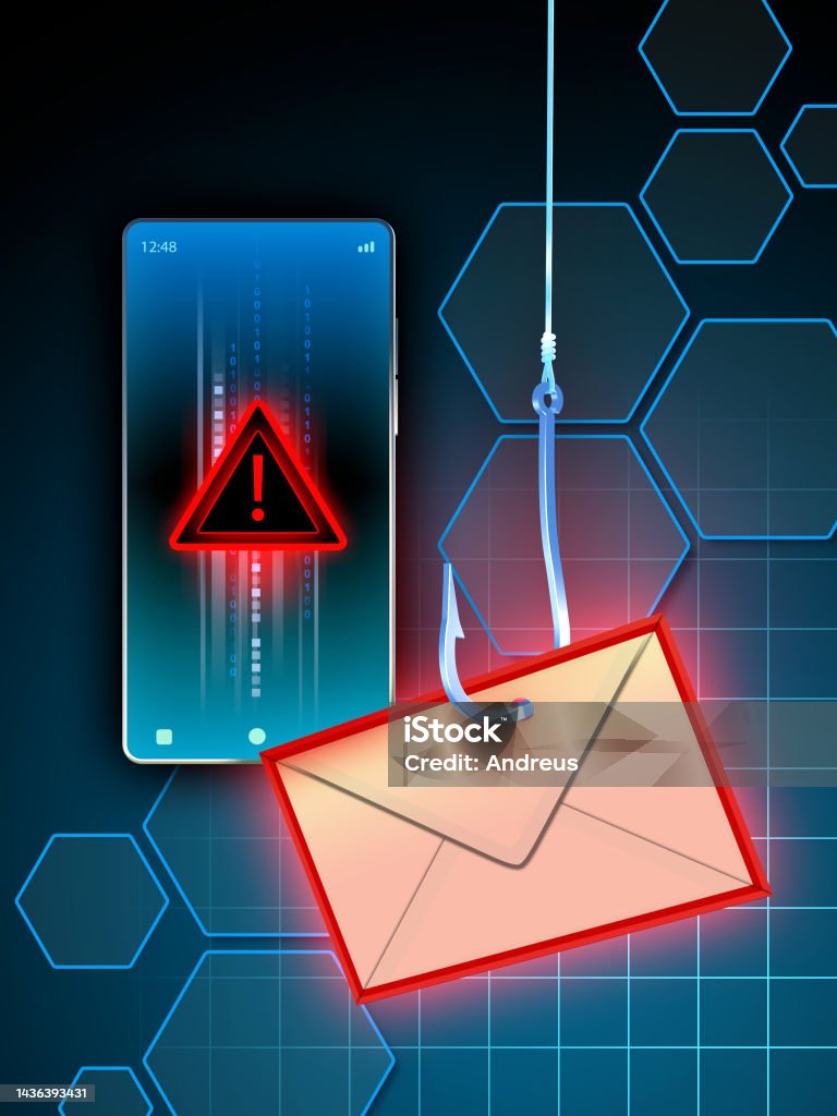 Phishing attack using email Phishing attack using email. Digital illustration, 3D rendering. Ransomware Stock Photo