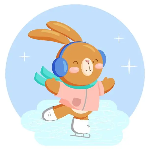 Vector illustration of Cute bunny character ice skating vector illustration cartoon style