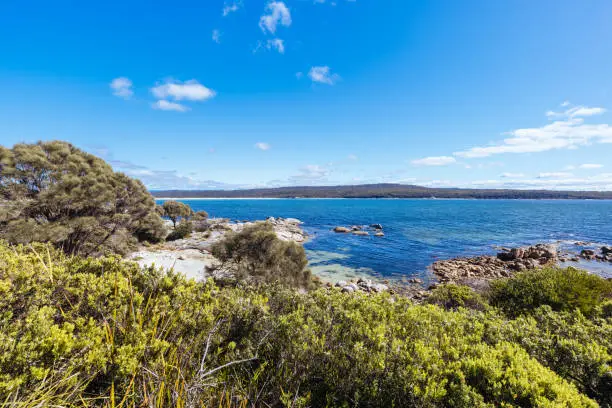 Landscape around Beerbarrel Beach and Burns Bay Rd boat ramp in Akaroa, near St Helens in Tasmania, Australia