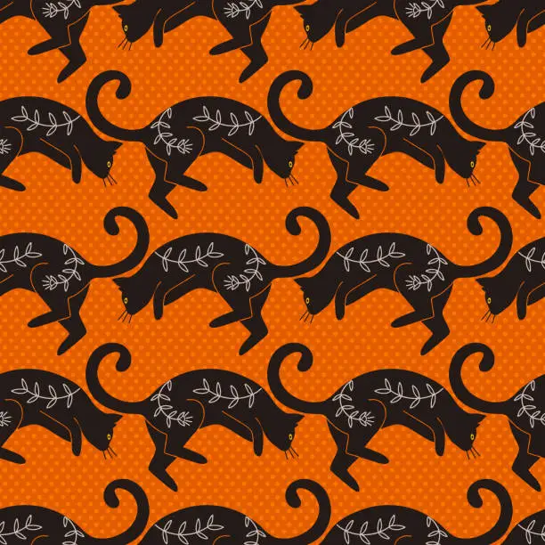 Vector illustration of Halloween Black Jumping Cat Vector Seamless Pattern