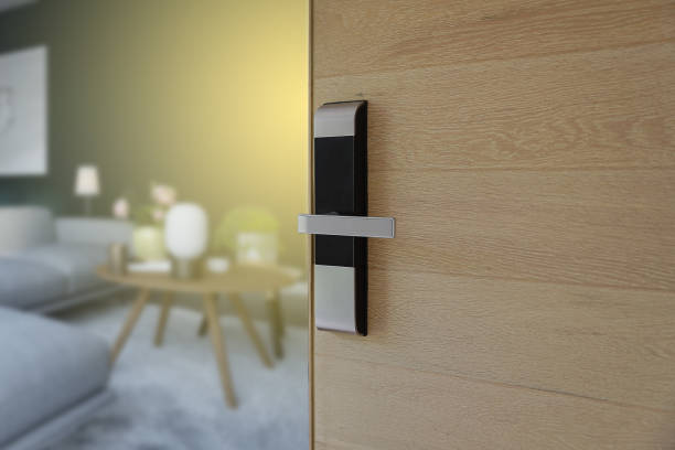 istock Digital door locking on wood door 1436398357