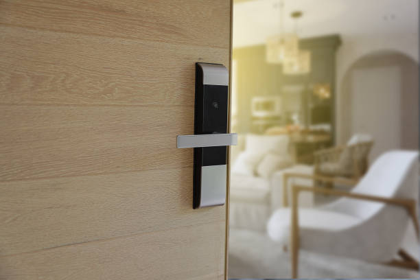 istock Digital door locking on wood door. 1436398361