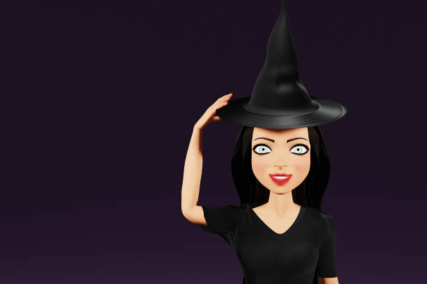 istock Woman character in witch halloween costume with hat on dark background. 3d render 1436400680