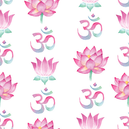 Watercolor seamless pattern with lotus symbol and Om, Aum - symbol of Hinduism.