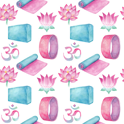 Watercolor seamless pattern with lotus symbol, Om symbol, yoga block, yoga mat and yoga wheel