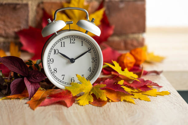 istock Fall winter time change concept. Autumn composition with retro alarm clock, bright yellow and red leaves, walnut. Brick wall on background. Cozy home atmosphere. Close-up 1436402426