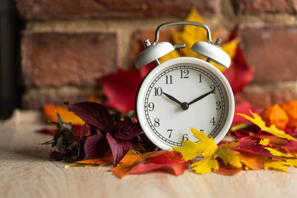 istock Fall winter time change concept. Autumn composition with retro alarm clock, bright yellow and red leaves, walnut. Brick wall on background. Cozy home atmosphere. Close-up 1436402432
