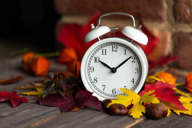 istock Fall winter time change concept. Autumn composition with retro alarm clock, bright yellow and red leaves, walnut. Brick wall on background. Cozy home atmosphere. Close-up 1436402438