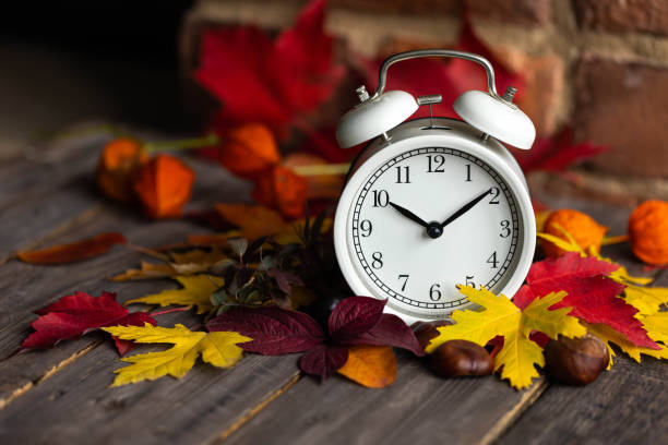 istock Fall winter time change concept. Autumn composition with retro alarm clock, bright yellow and red leaves, walnut. Brick wall on background. Cozy home atmosphere. Close-up 1436402444
