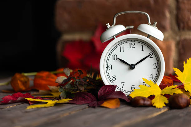 istock Fall winter time change concept. Autumn composition with retro alarm clock, bright yellow and red leaves, walnut. Brick wall on background. Cozy home atmosphere. Close-up 1436402452