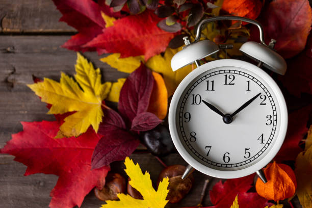 istock Fall winter time change concept. Autumn composition with retro alarm clock, bright yellow and red leaves, walnut. Brick wall on background. Cozy home atmosphere. Close-up 1436402471
