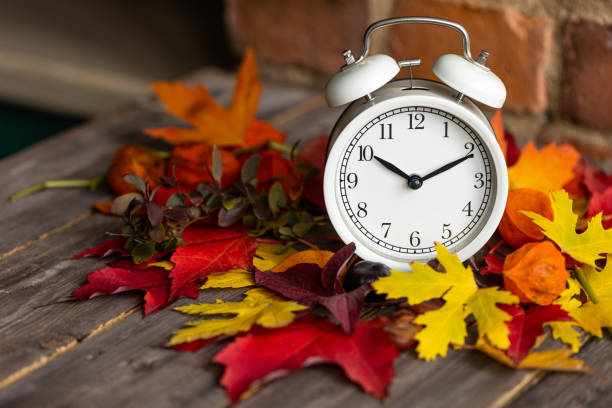 istock Fall winter time change concept. Autumn composition with retro alarm clock, bright yellow and red leaves, walnut. Brick wall on background. Cozy home atmosphere. Close-up 1436402489