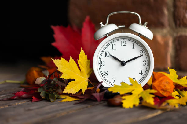 istock Fall winter time change concept. Autumn composition with retro alarm clock, bright yellow and red leaves, walnut. Brick wall on background. Cozy home atmosphere. Close-up 1436402497
