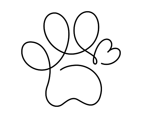 Heart with cat or dog paw in continuous one line drawing logo. Minimal line art. Animal foorprint in heart. Pet love concept.