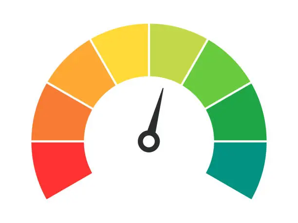 Vector illustration of Vector speedometer meter with arrow for dashboard with green, yellow, red indicators. Gauge of tachometer. Low, medium, high and risk levels. Bitcoin fear and greed index cryptocurrency