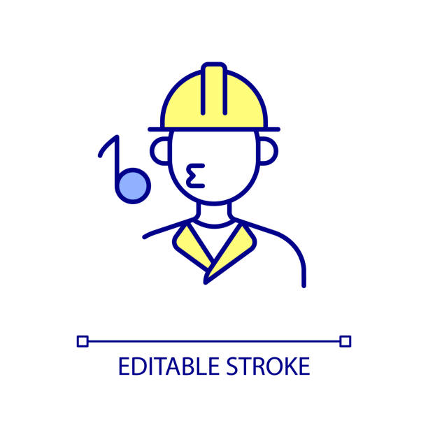 Whistling builder RGB color icon Whistling builder RGB color icon. Inattentive employee in workplace. Risks at construction site. Isolated vector illustration. Simple filled line drawing. Editable stroke. Arial font used lazy construction laborer stock illustrations