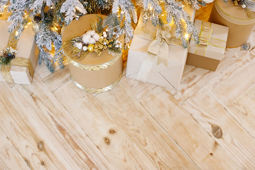 new year gifts on a wooden background. Christmas