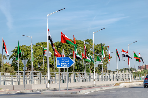 Algiers, Algeria - October 24, 2022:  Arab league countries flags on the road of Staoueli with road panel of Tipaza and Algiers direction in Arab and french language. Sunny blue sky in background.