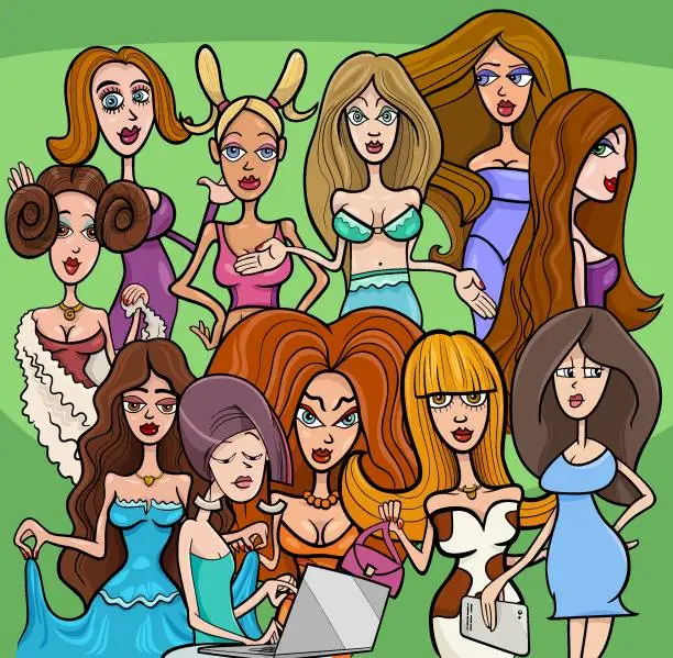 Vector illustration of cartoon girls or women comic characters group