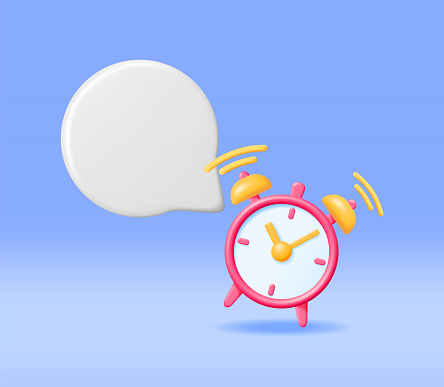 3D Classic Round Clock with Speech Bubble Isolated. Render Alarm Clock Icon Collection. Measurement of Time, Deadline, Time-Keeping and Time Management Concept. Watch Symbol. Vector Illustration