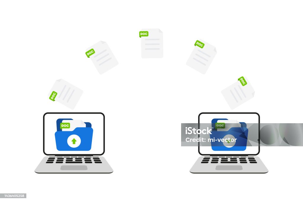 Computer File Transfer Cartoon File Transfer Two Laptops With Folders On Screen And Transferred ...