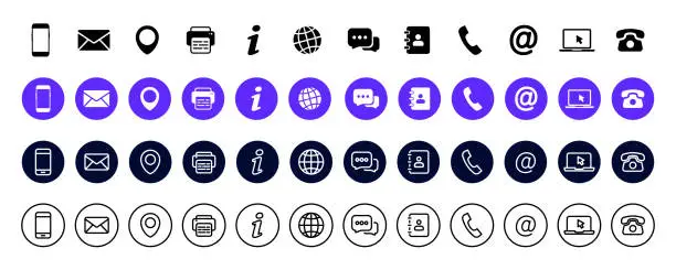 Vector illustration of Contact us icons. Business card contact information symbols. Web icons set of differents style. Communication icons set for web and mobile app. Vector illustration