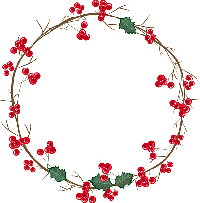 Christmas wreath with winter red berries, leaves  and decorative branches.Christmas vector illustration.