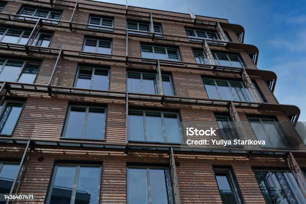 Exterior Of Modern Red Brick House With Metal Inserts Architectural Detail Of Closeup On Windows Real Estate Residential Apartments And Offices Living Apartments Or Office Building Architecture Stock Photo - Download Image Now