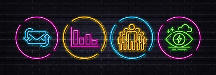 Group, Refresh mail and Histogram minimal line icons. Neon laser 3d lights. Stress icons. For web, application, printing. Managers, New e-mail, Economic trend. Mind anxiety. Vector