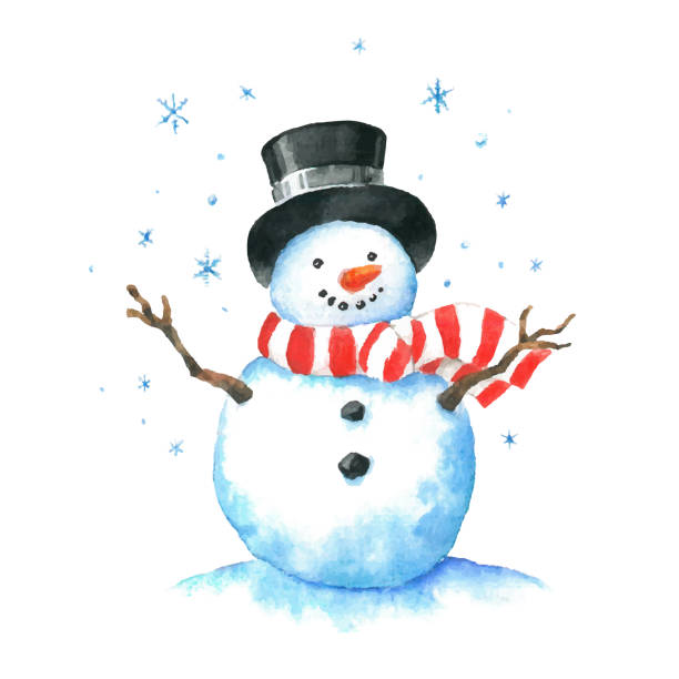 ilustraciones, imágenes clip art, dibujos animados e iconos de stock de ilustración en acuarela de un muñeco de nieve sobre fondo blanco. - blue christmas backgrounds humor
