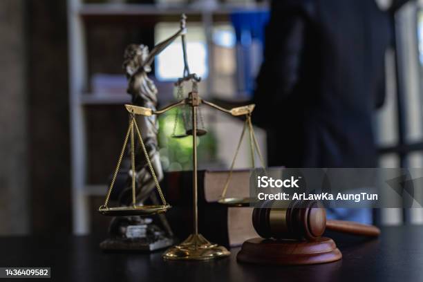 Judges Hammer Scales God Of Justice Law In The Lawyers Office Stock Photo - Download Image Now