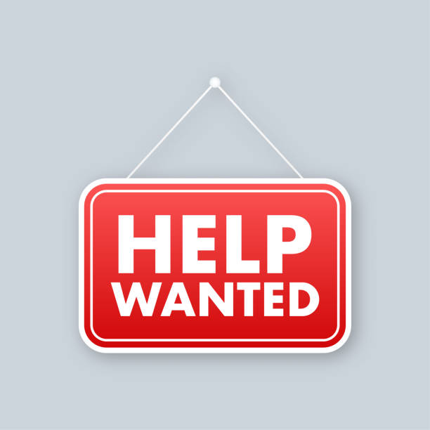 illustrazioni stock, clip art, cartoni animati e icone di tendenza di icona help wanted, firma. etichetta help wanted. illustrazione vettoriale - help wanted sign classified ad vacancy recruitment