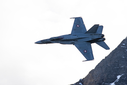 F/A18 jet fighter flying in the mountain