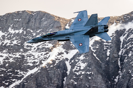 F/A18 jet fighter flying in the mountain