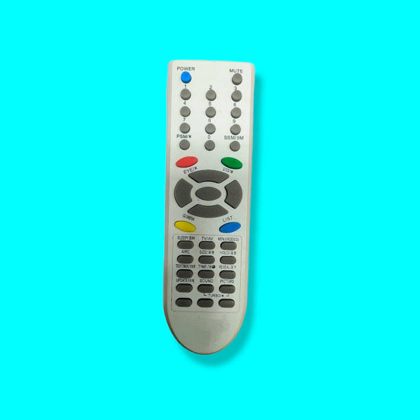 istock TV remote on blue background, top view, minimalism 1436416806