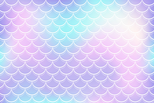 Mermaid rainbow background in fantasy style with scales. Unicorn holographic gradient texture. Sea fish kawaii vector backdrop