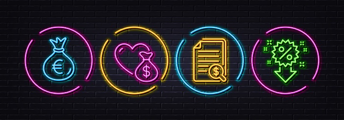Financial documents, Donation and Money bag minimal line icons. Neon laser 3d lights. Discount icons. For web, application, printing. Check docs, Fundraising, Euro currency. Sale shopping. Vector