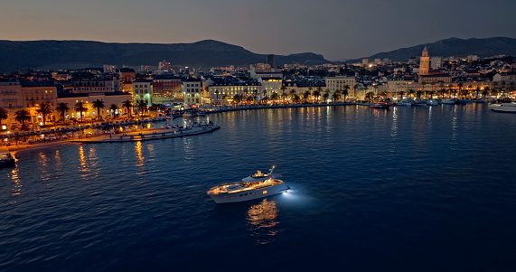 Aerial view of luxury yacht cruising in Adriatic sea, Split, Croatia.