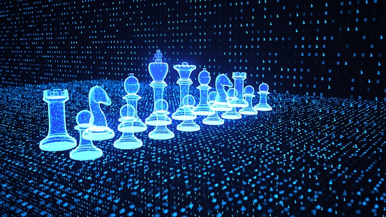 Virtual chess pieces in the data matrix. 3d illustration.