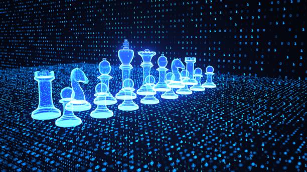 Virtual chess Virtual chess pieces in the data matrix. 3d illustration. computer chess stock pictures, royalty-free photos & images