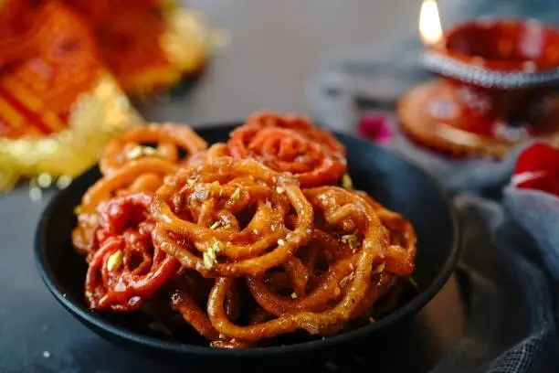 Homemade Jalebi or jilebi - Indian diwali sweets, selective focu