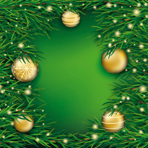 illustrazioni stock, clip art, cartoni animati e icone di tendenza di rami di natale palline dorate copertina verde - deco decoration christmas christmas tree