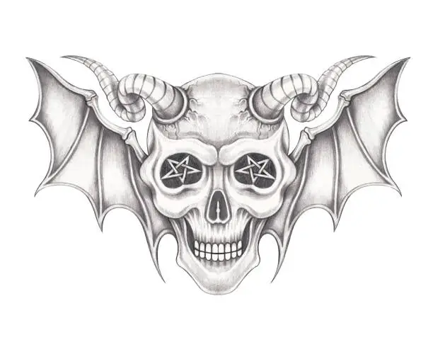 Vector illustration of Art fantasy wings devil skull.