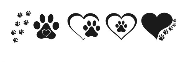 ilustraciones, imágenes clip art, dibujos animados e iconos de stock de conjunto vectorial de iconos de pata de corazón. colección de signos de ilustración de pata de perro. símbolo del perro de amor. - dog paw print paw pets