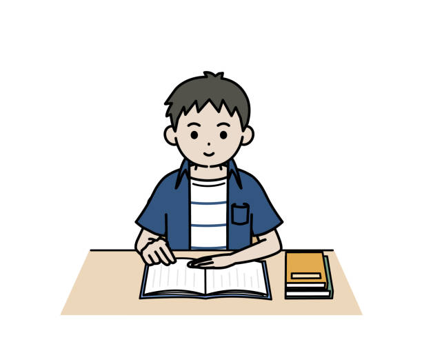 ilustrações de stock, clip art, desenhos animados e ícones de illustration of a boy reading a book - pre adolescent child child white background asian ethnicity