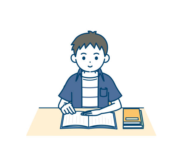 ilustrações de stock, clip art, desenhos animados e ícones de illustration of a boy reading a book - pre adolescent child child white background asian ethnicity