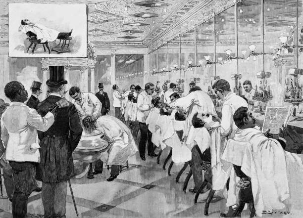 Barber shop in Chicago, men lying in a row at the mirrors Illustration from 19th century. 1895 stock illustrations